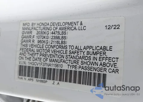 2022 Honda Accord Sport из США, поврежденный, VIN 1HGCV1F37NA115610